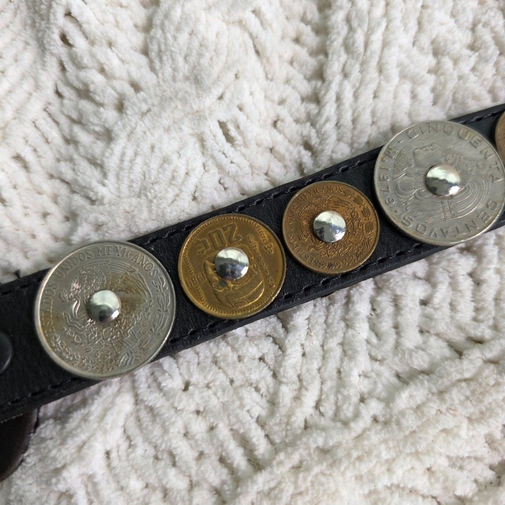 VTG 80s Ginnie Johansen Belt Black Mexican Coin Studded Western Leather 24-26 - Picture 3 of 11